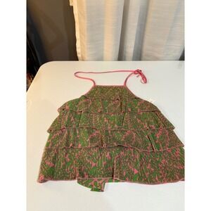 Trina Turk Halter Top Ruffle Petal Top Tiered Sleeveless‎ Pink Green Floral